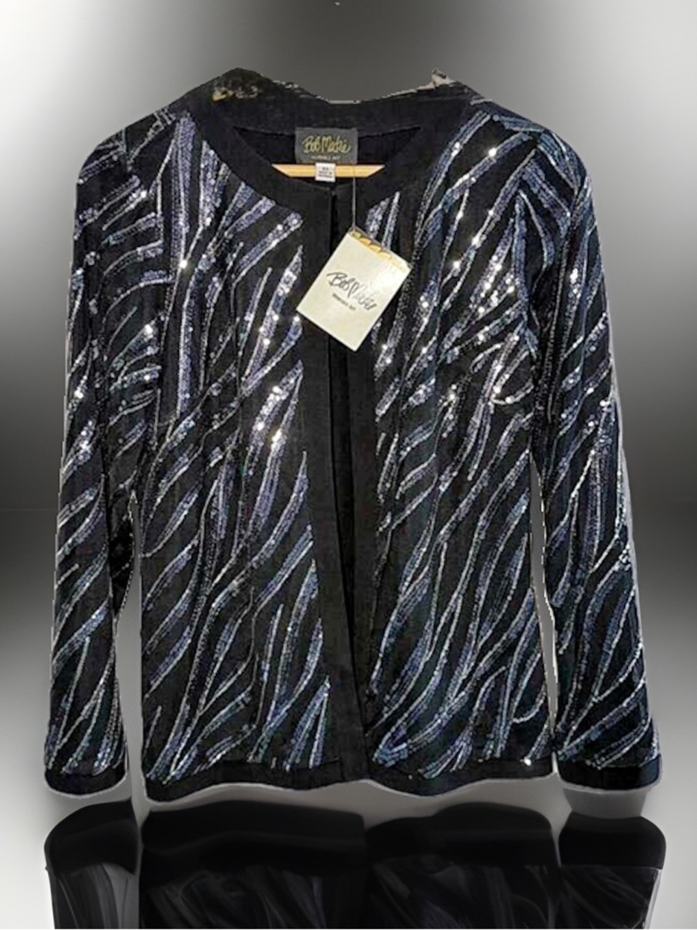 NWT Bob Mackie Wearable Art Sequin Zebra Cardigan Black XS Open Front